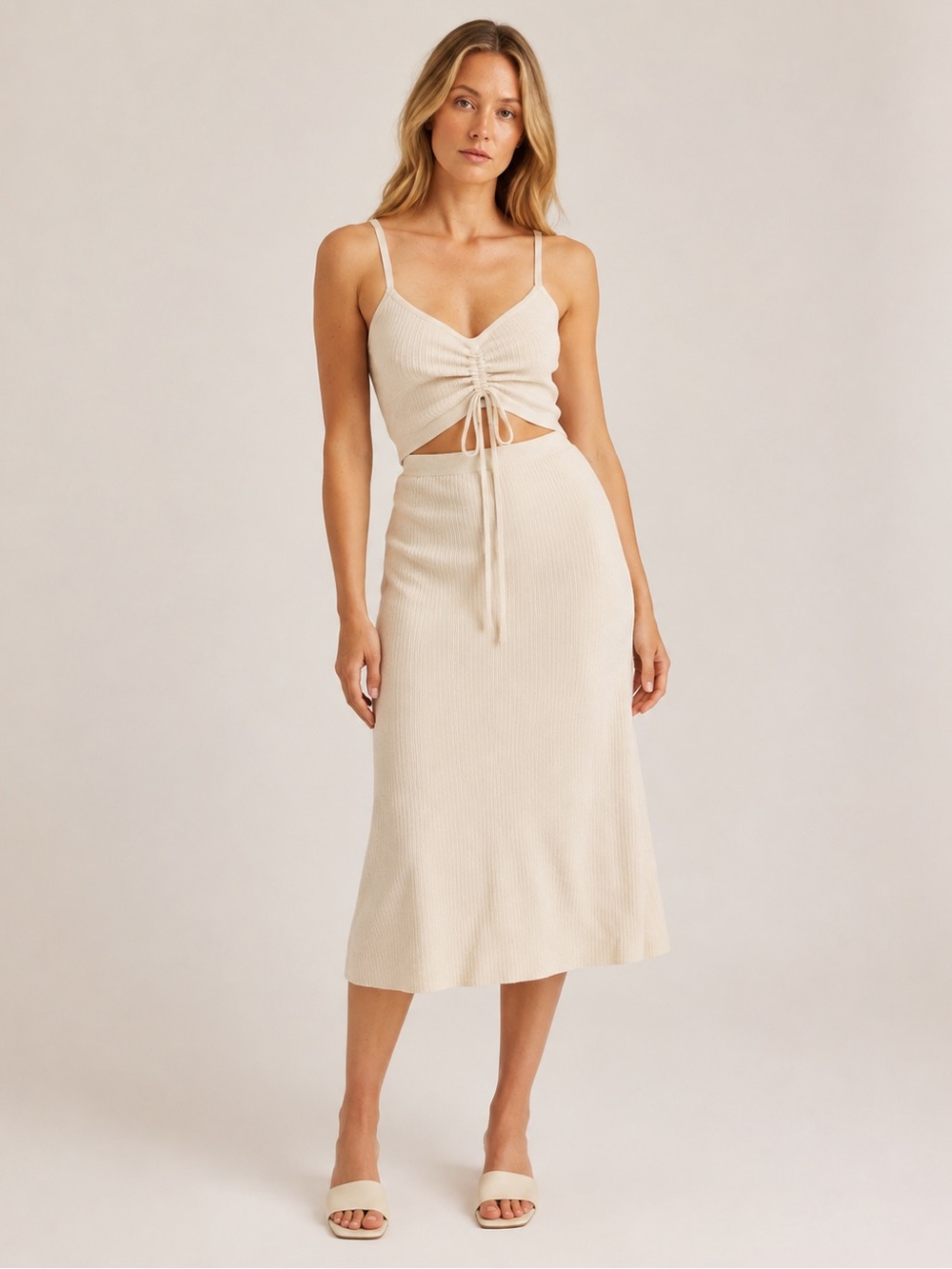 Lucy Paris Korii Ivory Ribbed Knit Cutout Midi Dress Size Small